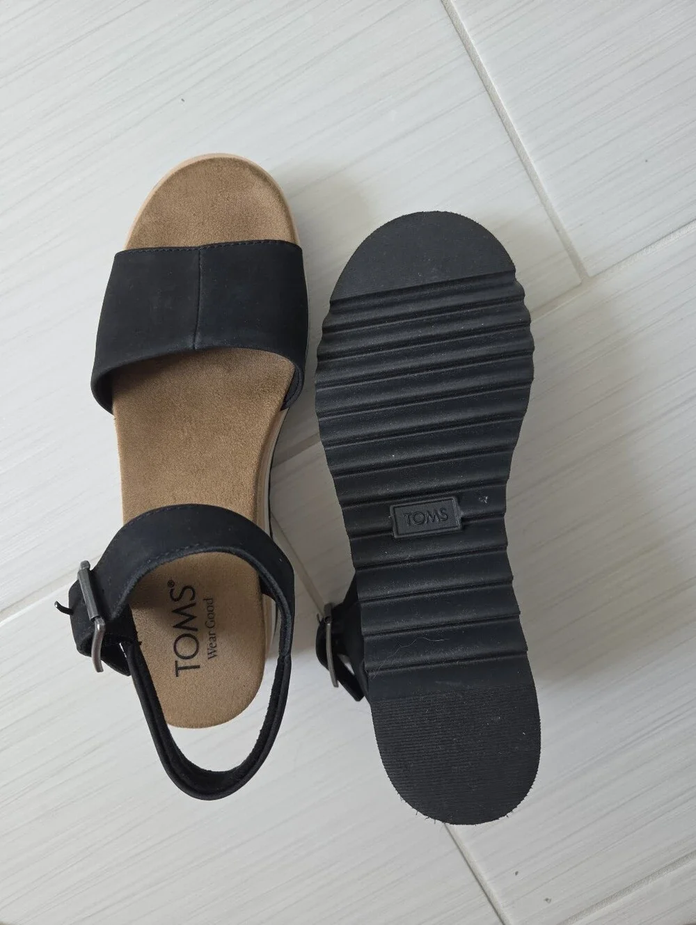 NWOT TOMS Black Rope-Trim Wedge Sandals (Size 6.5)